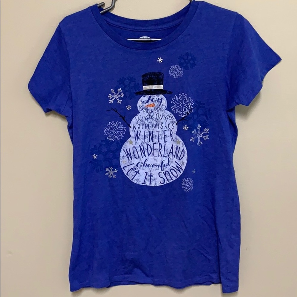 Holiday blue snowman t-shirt.